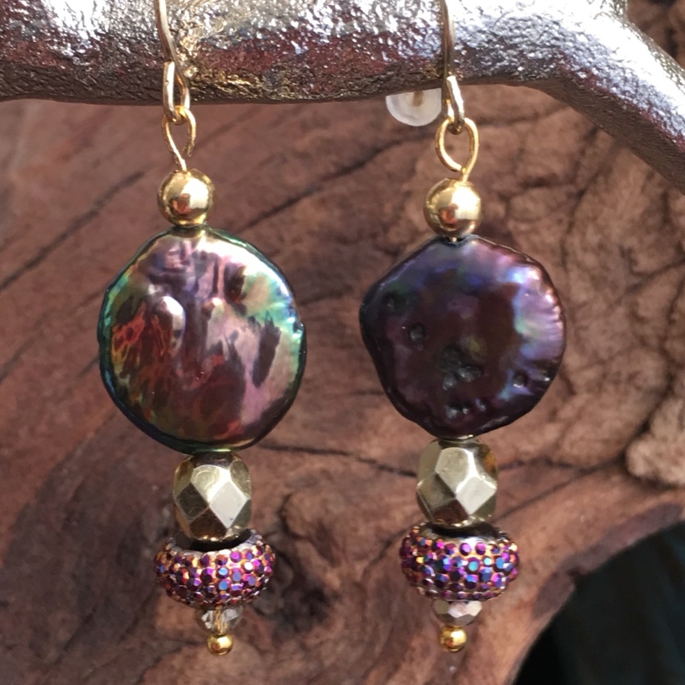 Abalone & Gold Dangle Earrings